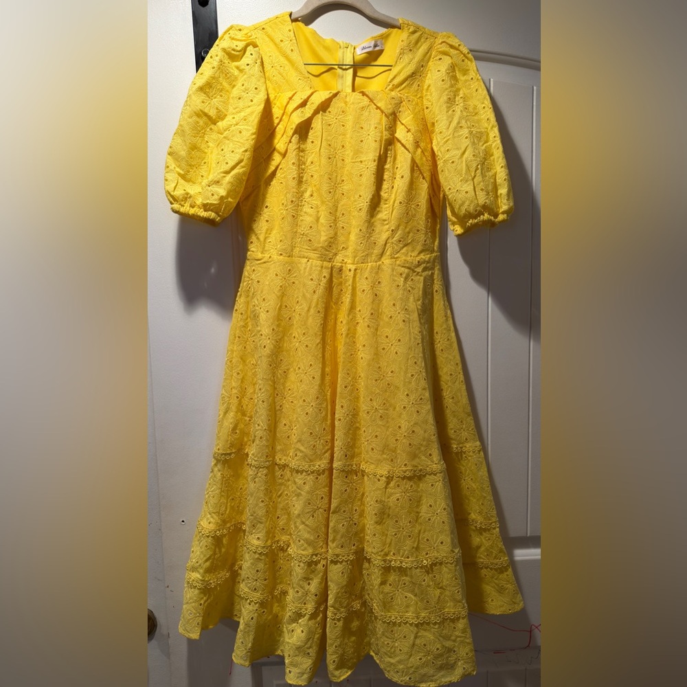 Sunny Yellow Eyelet Midi Dress with Puff Sleeves